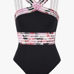 Hilor Floral Black One-Piece Front Crossover Swimsuit